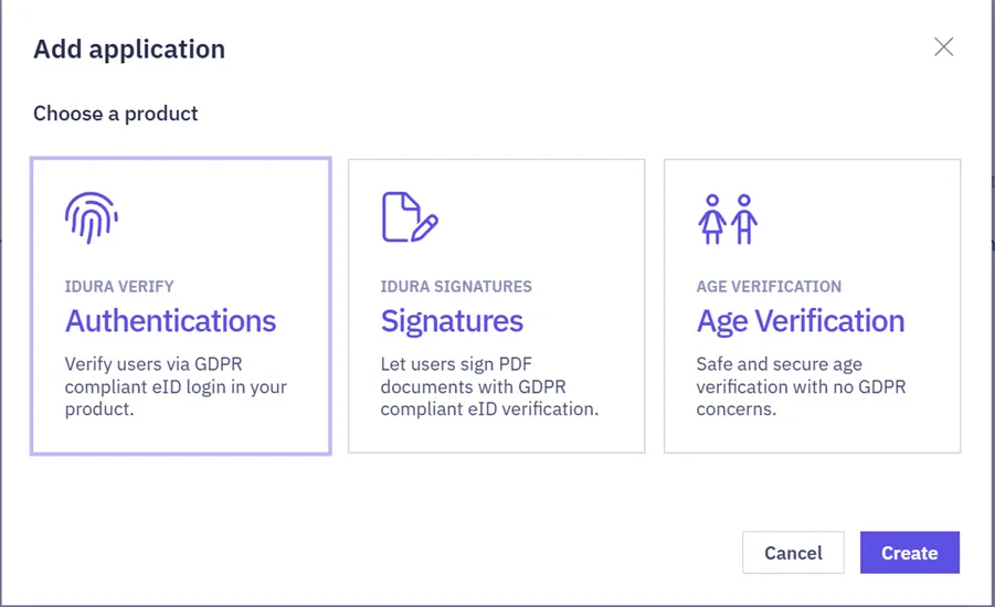 Add application dialog in the Idura dashboard with the Authentications product selected