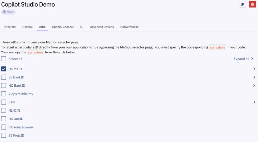 List of eID methods in the broker dashboard with Danish MitID enabled
