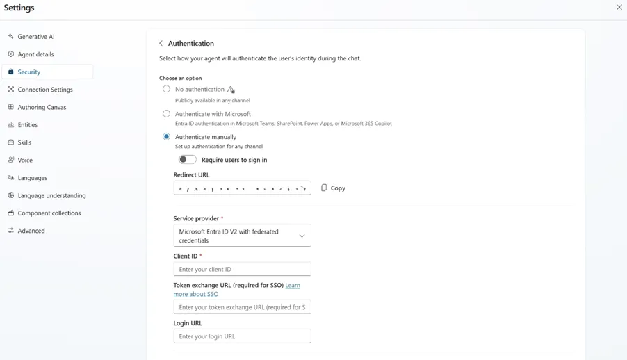 Copilot Studio security settings showing the manual authentication configuration