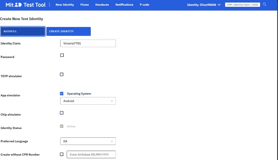 MitID Test Tool page for creating a new test identity