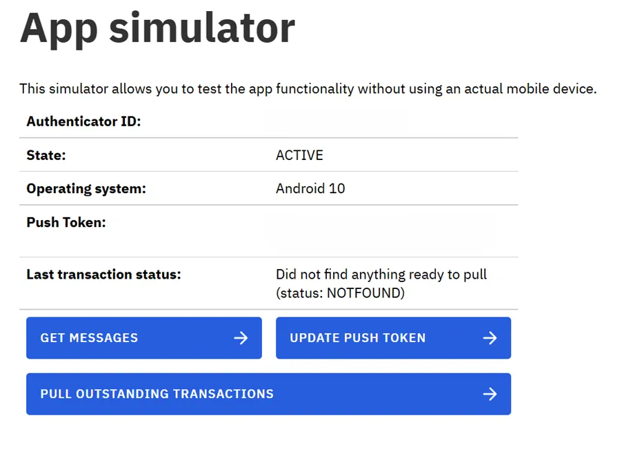 MitID app simulator showing an active test authenticator